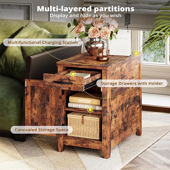 IRONCK End Table with Charging Station, Narrow Side Table for Living Room, Farmhouse Night Stand for Bedroom, Beside Table with Storage and Drawer for Home, Vintage Brown