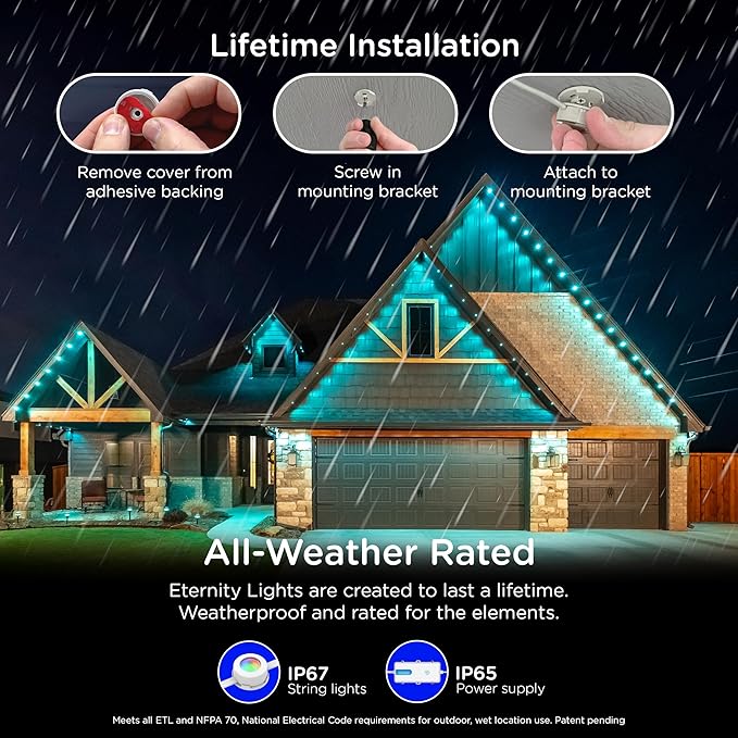 Enbrighten Vibe Eternity Permanent Outdoor Lights for House, 100 Feet, 72 RGBWIC LEDs, Close Spacing, 33lm, Color Changing, Christmas, Eave Lighting, Smart App, Works with Alexa, Google Home, 81103