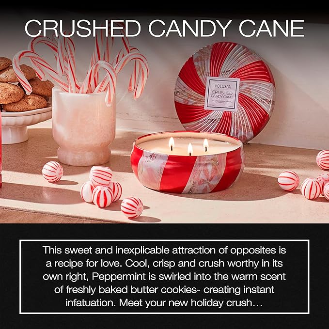 Voluspa Crushed Candy Cane, 3 Wick Tin Candle, 12 oz, 40 Hour Burn Time, Coconut Wax for Clean Burning, Handcrafted in The USA