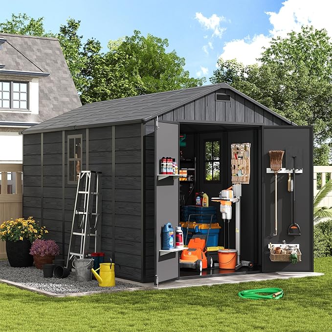 Amopatio Outdoor Storage Shed with Floor,8x10 FT Lockable Plastic Tool Shed with Ventilation,Waterproof Resin Garden Sheds for Backyard,Patio,Lawn and Bike Dark Grey
