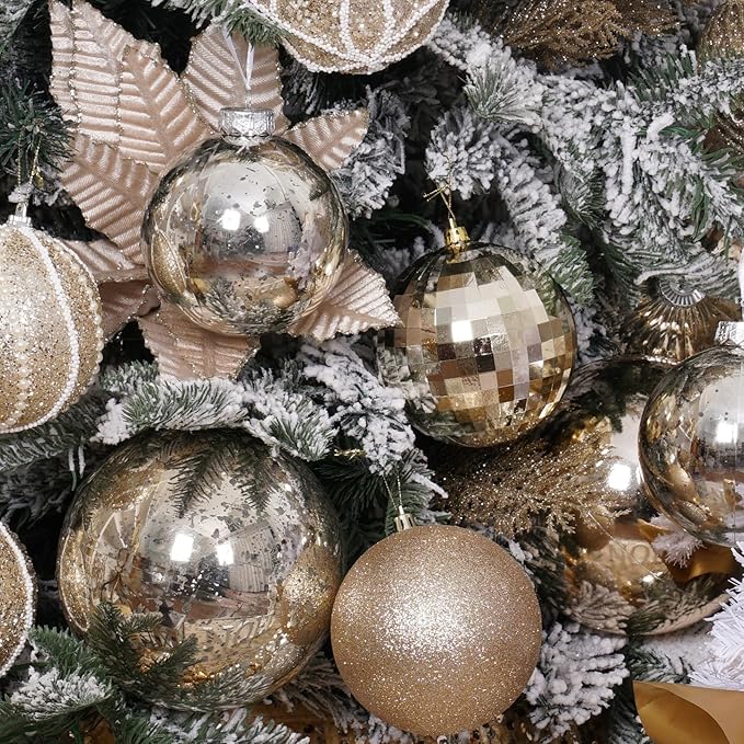 XmasExp Large Christmas Ball Ornaments,4pcs Champagne Giant Shatterproof Plastic Hanging Mercury Xmas Ball Decorations Christmas Tree Ornaments (Champagne Gold, 4")