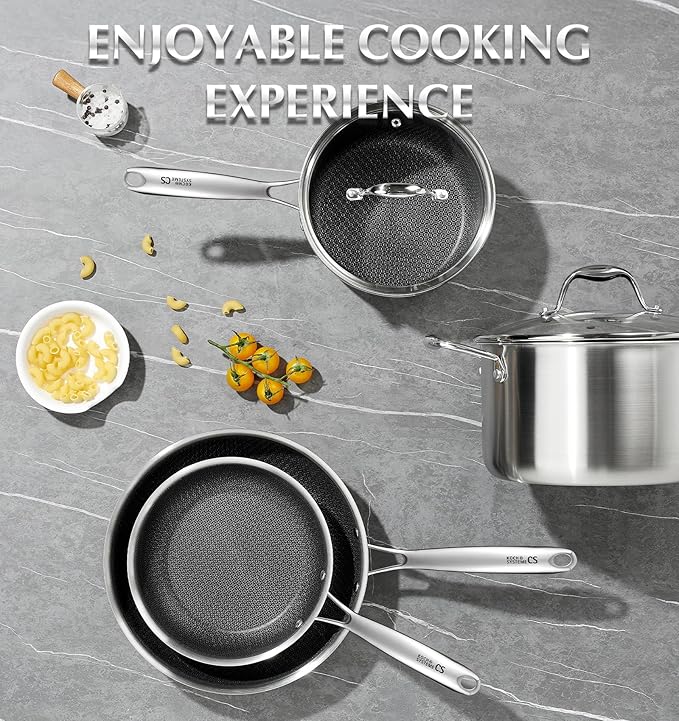 KOCH SYSTEME CS Triply Stainless Steel Cookware Set 10 Piece, Nonstick Hybird Stainless Steel Pots and Pans Set, Kitchen Cookware Set with Honeycomb Interior, 18/10 Steel, Induction Compatible