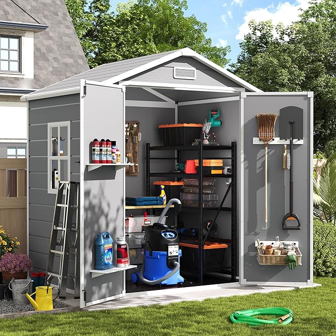 Amopatio Outdoor Storage Shed with Floor,6x4.5 FT Lockable Plastic Tool Shed with Ventilation,Waterproof Resin Garden Sheds for Backyard,Patio,Lawn and Bike Grey
