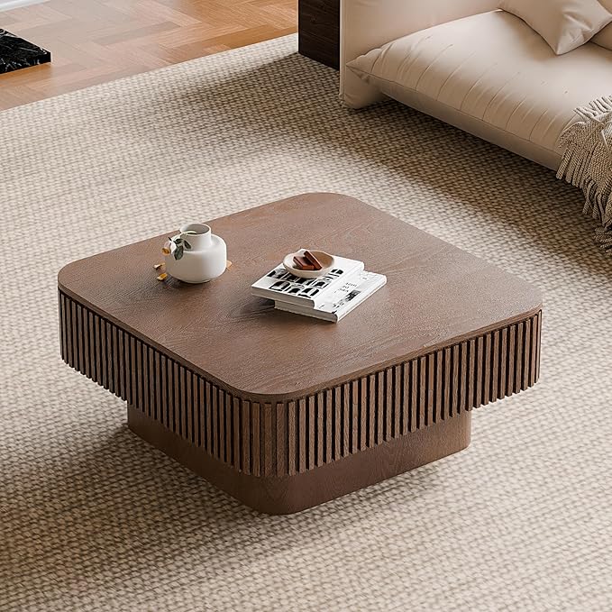 31.5" Square Coffee Table with Hidden Storage Compartment, Modern Handcraft Fluted Drum Coffee Table, Wooden Square Center Table Cocktail Tea Table with Sturdy Pedestal for Living Room,Walnut