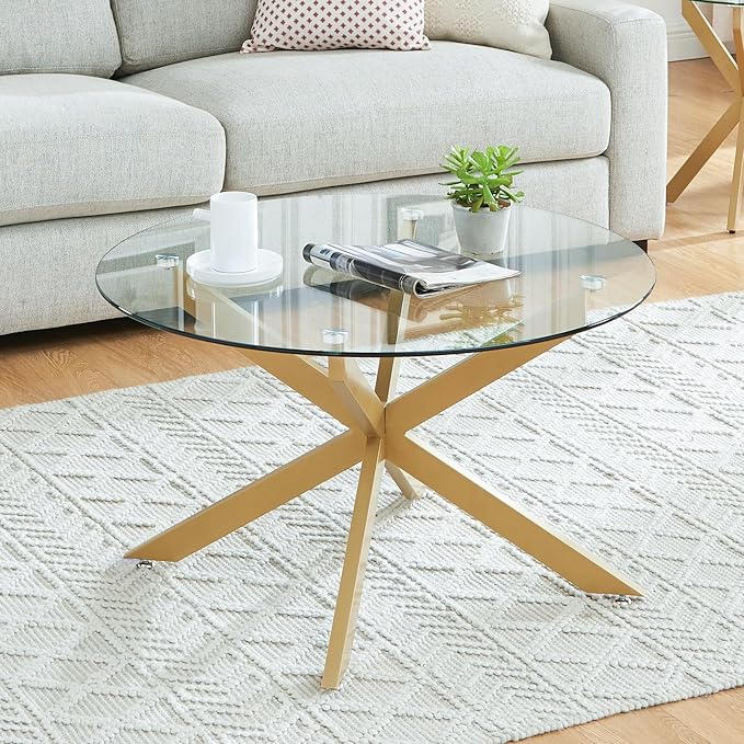 Gold & Round Glass Coffee Tables for Living Room, Home Office, Modern & Simple Center Table with Clear Tempered Glass Top, 35.5" Wx19.7 H