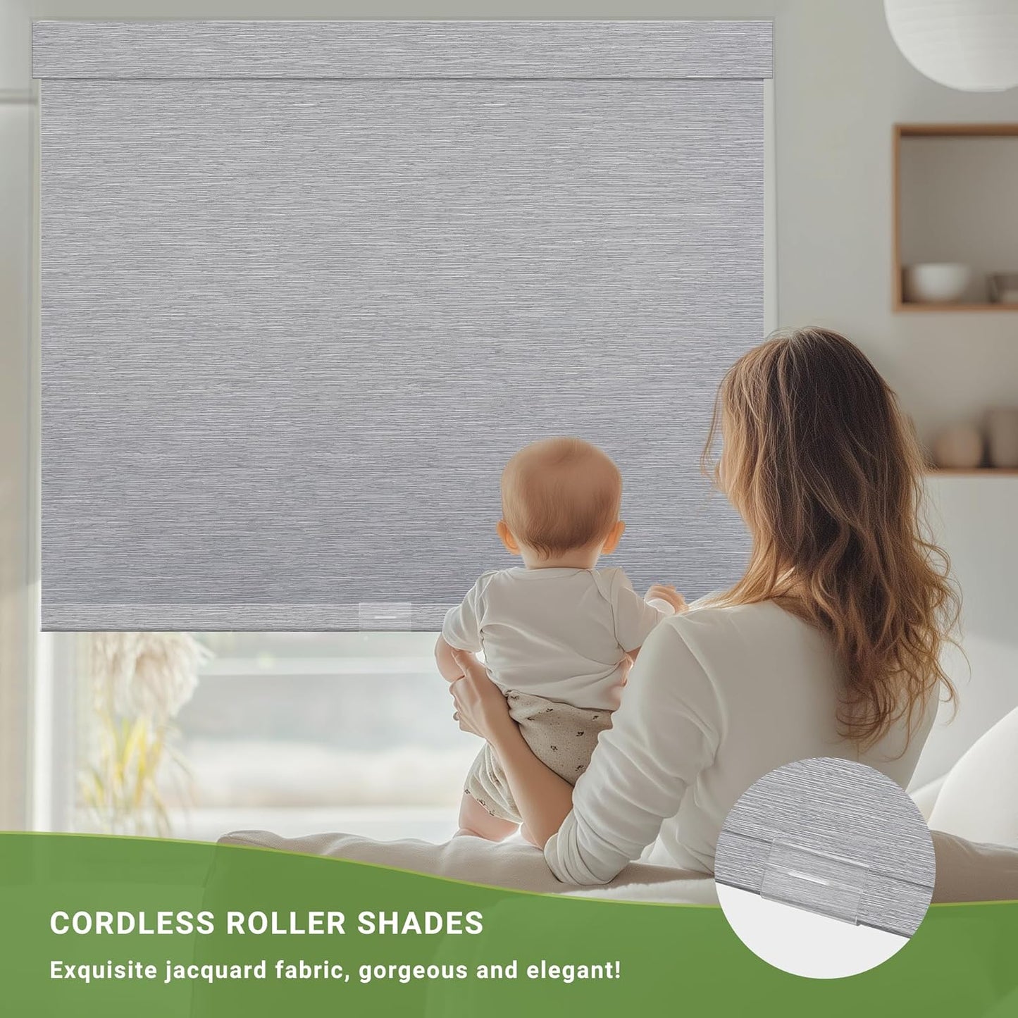 Blackout Roller Shades for Indoor Windows, Cordless Jacquard Fabric-Matched Roller Blinds, Easy to Install Privacy UV Protection Roll Up Blinds for Home Office, Grey, 29" W x 72" H