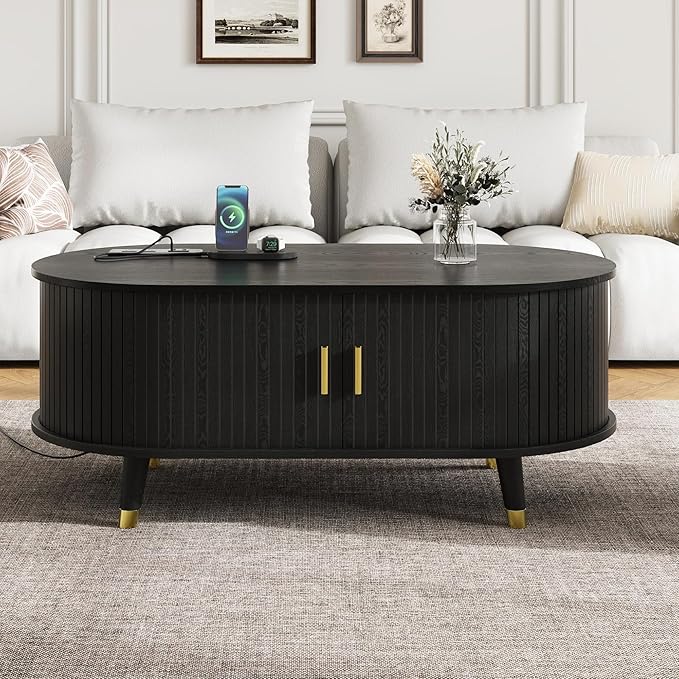 WILLIAMSPACE 42.5" Oval Coffee Table with Storage & Charging Station, Mid-Century Modern Center Table with Sliding Tambour Door, Farmhouse Tea Table with Solid Wood Legs for Living Room, Black