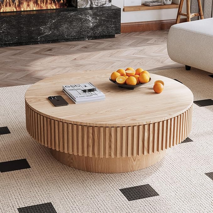 39" Round Coffee Table with Hidden Storage Compartment, Modern Handcraft Fluted Drum Coffee Table, Wooden Circle Center Table Cocktail Tea Table with Sturdy Pedestal for Living Room, Natural