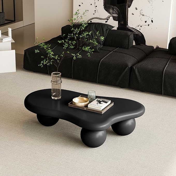 40” Cloud Coffee Table with 3 Ball Legs, Modern Lrregular Center Table for Living Room, Low Cute Small MDF Tea Table for Bedroom, Space Apartment-Black