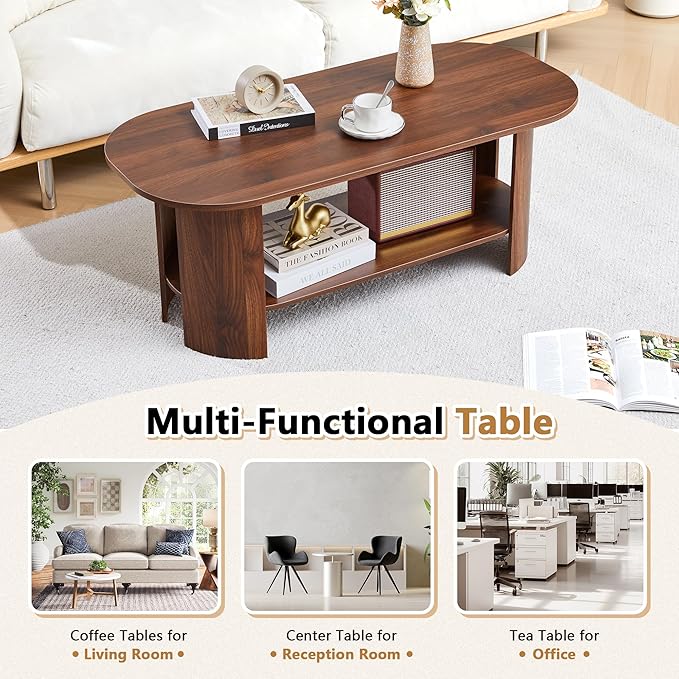 43.3” Oval Coffee Table for Living Room, Wood Farmhouse Coffee Tables with Storage, 2-Tier Center Table with Storage Shelf Low Tea Table for Small Space, Home, Office, Easy Assembly (Walnut)