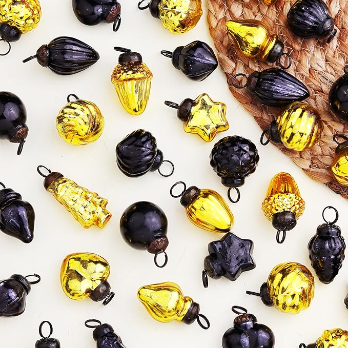 IndianShelf 300 Pieces Black & Gold Glass Vintage Christmas Ornaments Mini Bulk Decorative Ornaments for Halloween, Christmas Tree, New Year, Valentine Day, Holidays, Event & Wedding(25 * 12 Boxes)