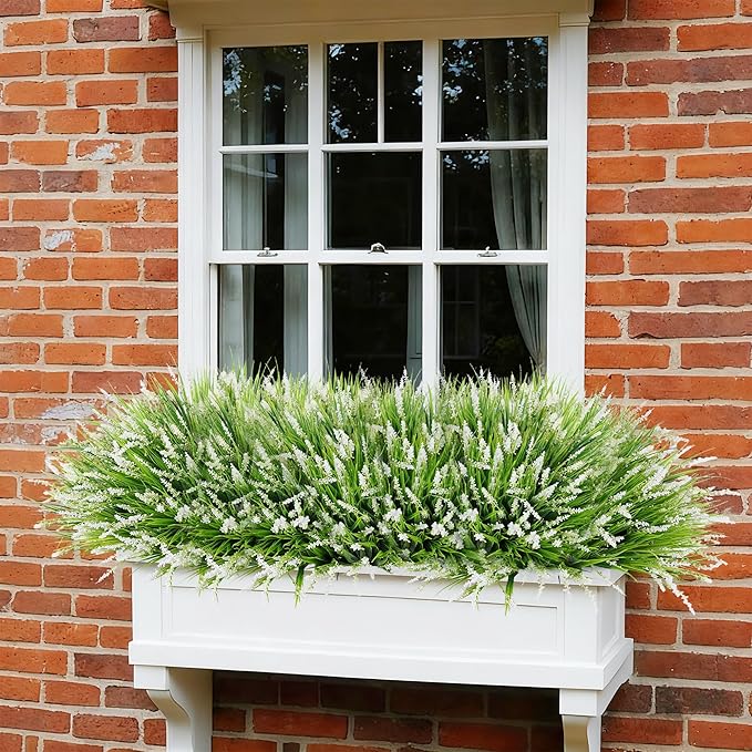 Ivydale Artificial Plants Fake Flowers Monkey Grass for Outdoors,UV Resistant Realistic 20PCS White Faux Greenery Shrubs Outside Decor for Home Garland Porch Patio Balcony Planter Yard Office Pathway