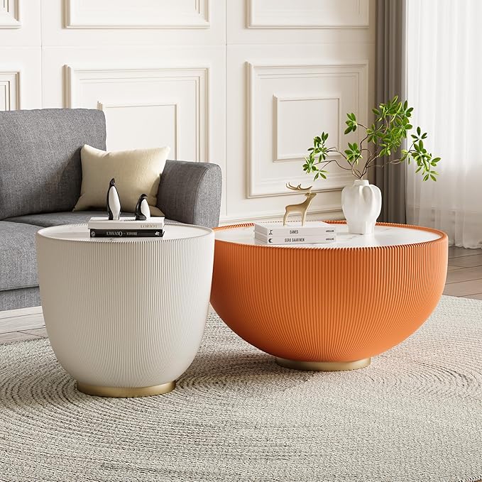 29.53" Orange Round Coffee Table, Drum Coffee Table with Sintered Stone Tabletop and Fluted PU Leather Covered and Metal Base, Circle Cocktail Tea Table for Living Room
