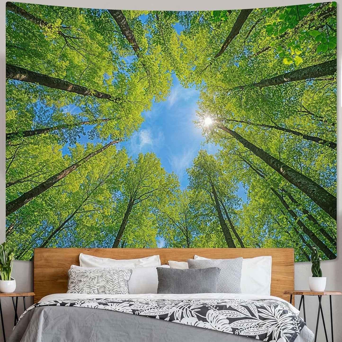 AMM Nature Forest Tree Celling Tapestry Lush Green Treetops Sunlit Tapestry for Bedroom Aesthetic Sky Sunlight Canopy Leaves Landscape Tapestries Wall Hanging for Living Room Dorm Office 48 x 36 Inch