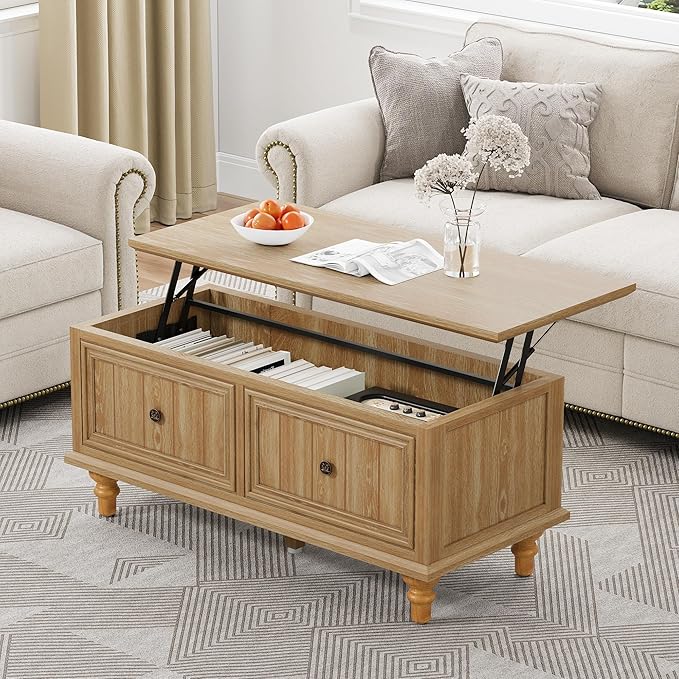Lift Top Coffee Table with Storage, 39" Wood Rectangular Center Table with Lifting Top, Sturdy Space-Saving Dining Table for Living Room Home Office Small Space (Natural)