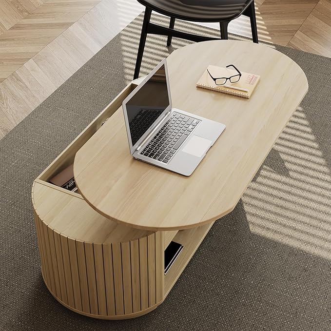 47-Inch Oval Lift Top Coffee Table with Storage Shelf for Living Room, Large Wooden Fluted Modern Center Table with 2 Tier Shelf, Modern Tea Tables with Hidden Compartment for Bedroom, Light Oak