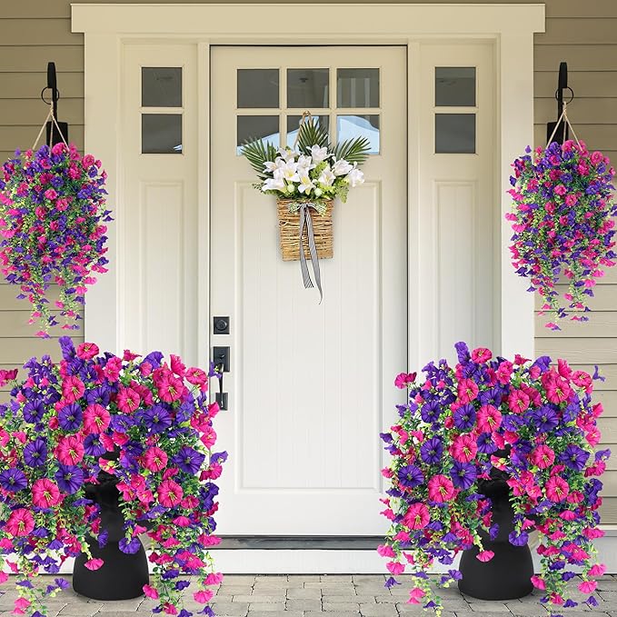 Artificial Fake Hanging Flowers Plants for Outdoor Outside Spring Summer Decoration 2PCS Faux Silk UV Resistant Realistic Morning Glory with Eucalyptus for Home Porch Patio Balcony(Purple & Magenta)