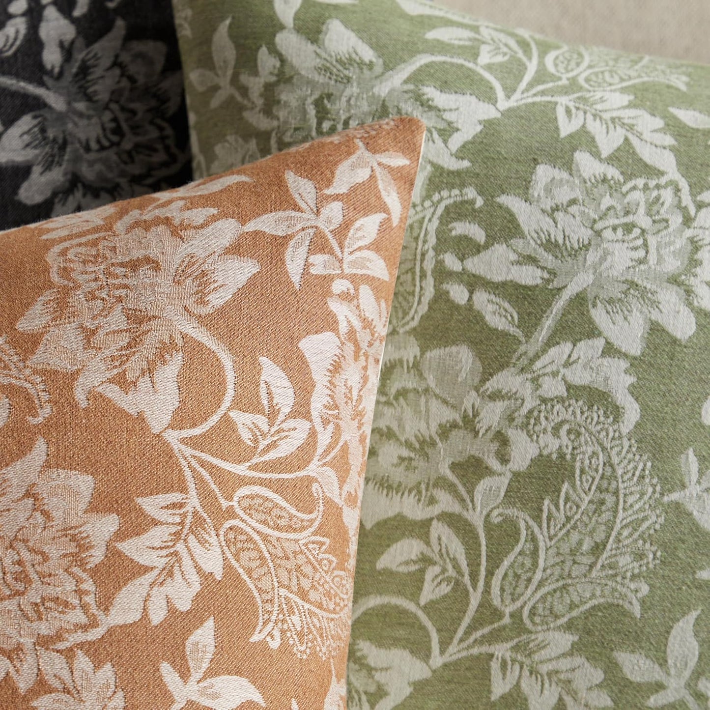 Floral Jacquard Throw Pillow Covers Set of 2, Background/Green 24x24 Inch, Farmhouse Decorative Cotton Sage Green Cushion Covers for Sofa Bed Living Room Home Decor