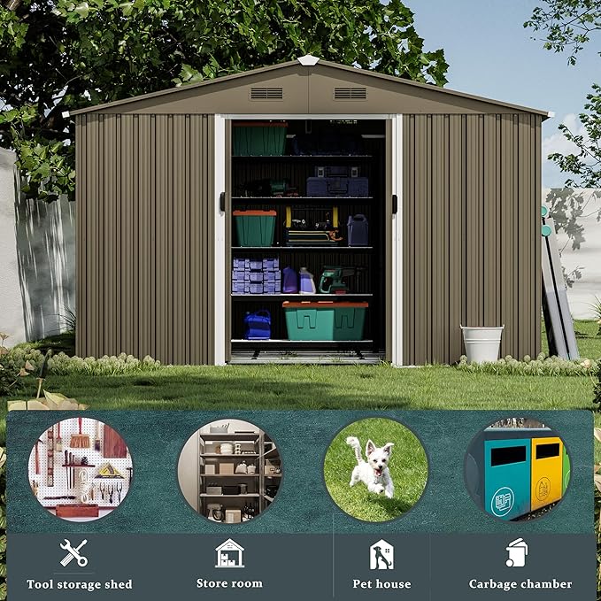 10FT x 8FT Outdoor Storage Shed, Waterproof Lockable Door Metal Tool Shed with Sliding Door and Ventilation, Gardening Tool Storage Room, Metal Storage Shed for Gardens and Lawns