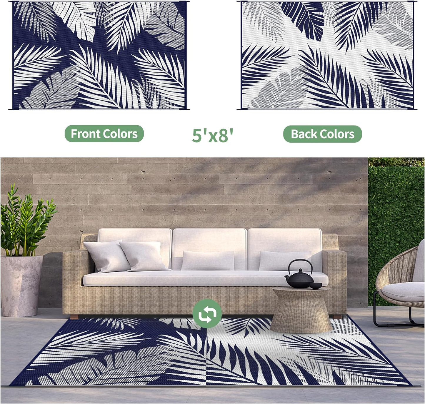GENIMO Outdoor Rug 5' x 8' Waterproof for Patios Clearance, Reversible Outdoor Plastic Straw Camping Rug Carpet, Large Area Rugs Mats for RV, Picnic, Backyard, Deck, Balcony, Porch, Beach, Blue&White