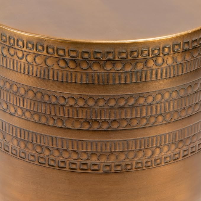 Modern Round Aluminum Hammered Embossed Texturing Metal Side Coffee Table, Hand-Stamped Iron, Boho Accent Side Table, Drum Shaped, for The Living Room and Bedroom, Brass