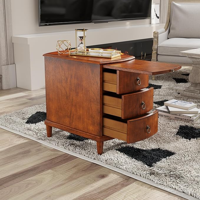 2 Set Solid Wood End Table with 3 Drawers, Cherry Red American Style Beside Table with Slide-Out Coffee Tray, Sofa Chair Side Table Nightstand for Living Room Bedroom, Rustic Wood Grain Accent Table