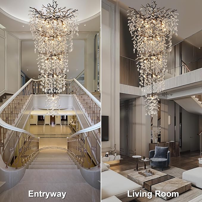 YUYI 63" Long Crystal Chandelier for High Ceiling, 28-Light Black Tree Branch Chandelier, Modern Large Chandeliers for Staircase, Foyer, Entryway, Living Room, 5-Tier Luxury K9 Raindrop Light Fixture