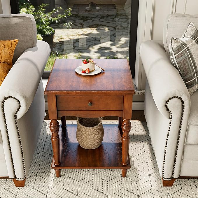 2-Set Solid Wood End Table with Drawer and Storage Shelf, Antique Designed Beside Table with Solid Wood Roman Legs, Square Accent Tables with Hand Carved for Living Room, Bedroom Cherry Brown