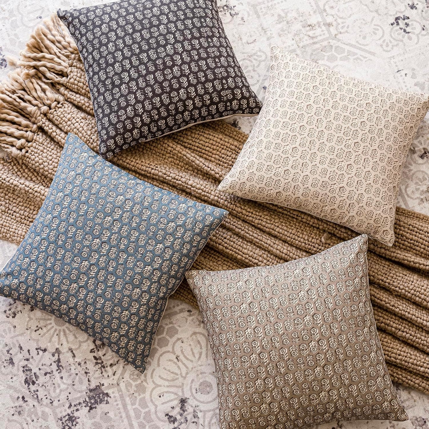 Foindtower Set of 2 Decorative Neutral Floral Print Throw Pillow Covers Vintage Accent Farmhouse Cushion Covers Boho Home Decor for Sofa Couch Chair Bedroom Living Room Outdoor,22×22 Inch,Ivory Beige