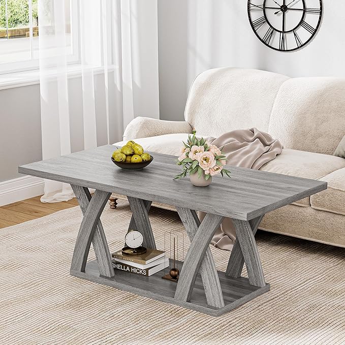 47” Farmhouse Coffee Tables for Living Room Rustic Stands with Storage Shelf Grey Coffee Tables for Living Room Farmhouse Center Stands with Shelf Wood Rectangle Center Table