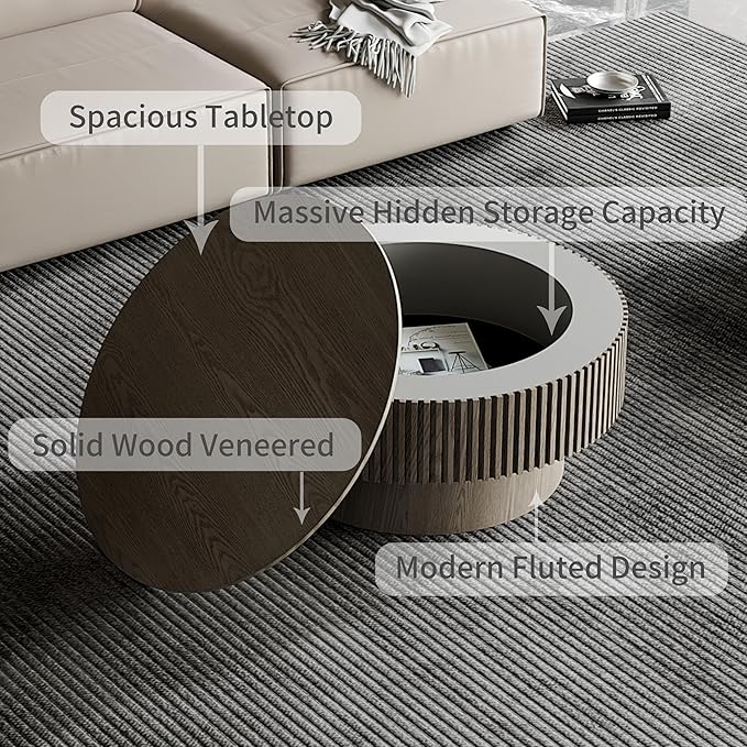 31.5" Round Coffee Table with Hidden Storage Compartment, Modern Handcraft Fluted Drum Coffee Table, Wooden Circle Center Table Cocktail Tea Table with Sturdy Pedestal for Living Room, Grey