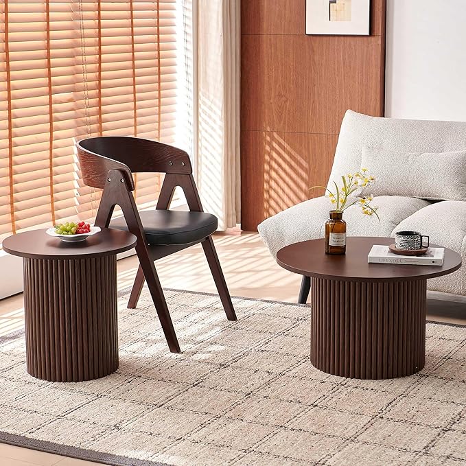 NORDICANA Nesting Round Coffee Table Set of 2, Boho 2 Piece Side Table End Table Set for Living Room Bedroom, Manufactured Wood Top with Walnut Veneer