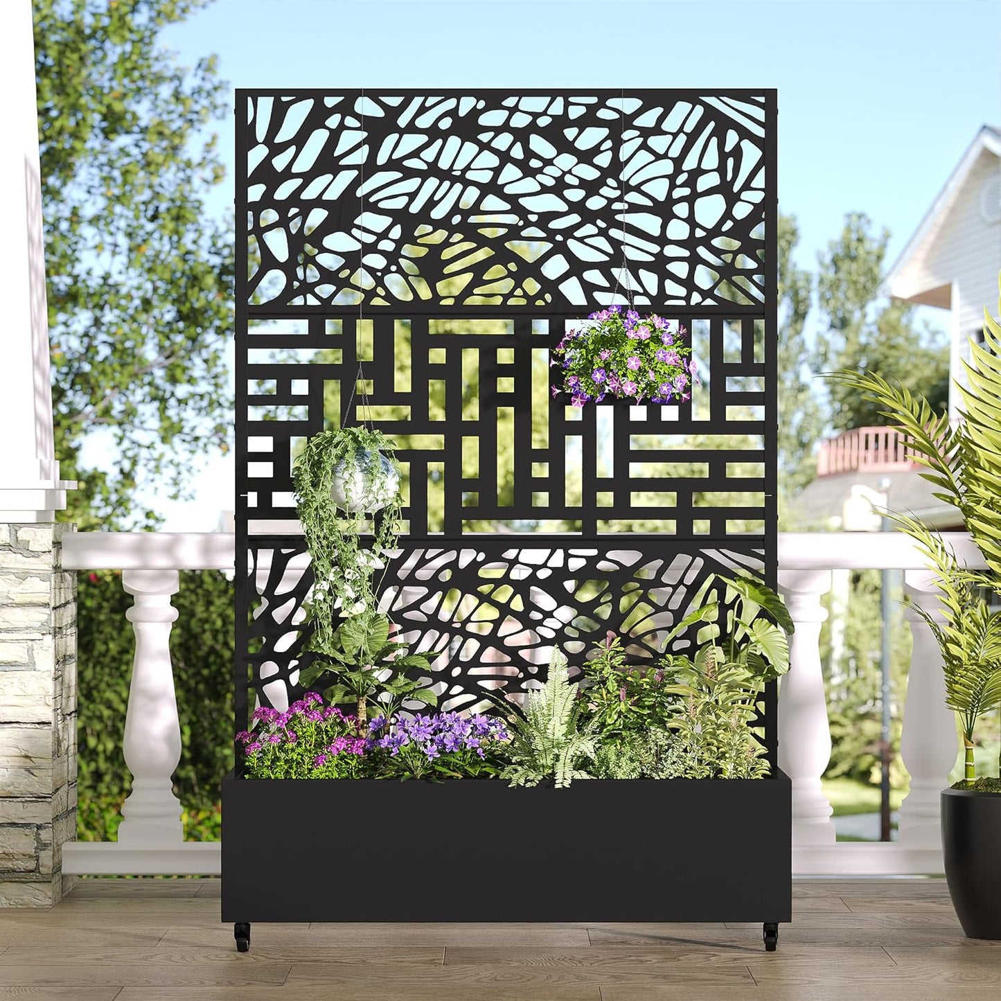 Casaphoria Metal Raised Garden Bed with Trellis and Wheels, 72"x47"x16" Planter Box for Climbing Plants, Vegetables & Vines, Features Drainage Holes and Privacy Screen, Black(Net&Helen)