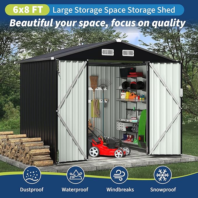 6x8 FT Metal Storage Sheds Outdoor with Floor, Metal ToolShed with Lockable Door, Metals Yard Sheds Metals Garden Shed Kit, MetalUtility Sheds Buildings with Air Vent for Backyard Garden Patio Lawn