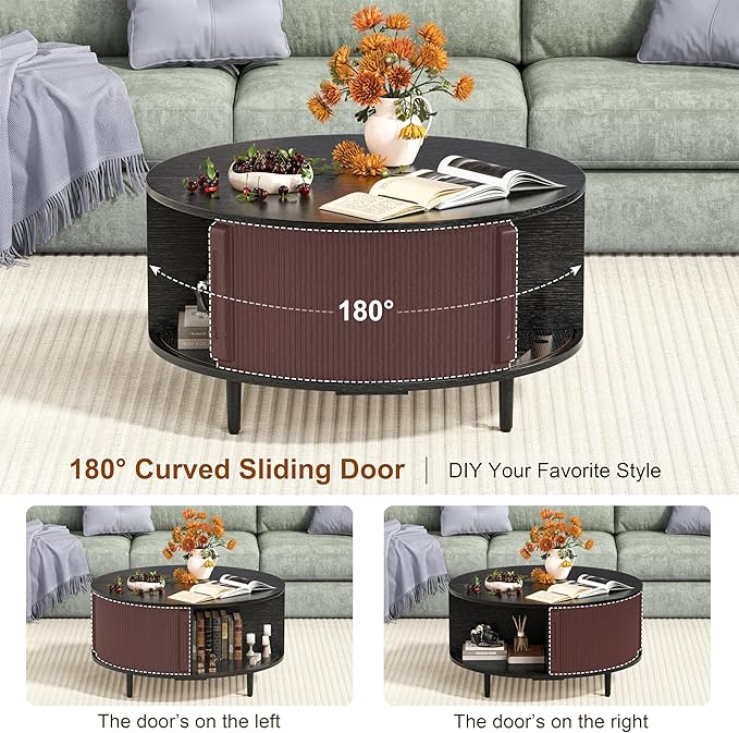 Round Coffee Table, 31.5" Fluted Center Table with Storage, Lift-Top Coffee Table with Adjustable Footpads, Sliding Door, Mid-Century Modern Center Table for Living Room, Small Space (Black)
