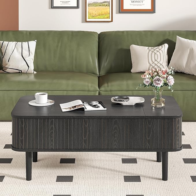 Fluted Lift Top Coffee Table with Storage, Mid Century Modern Coffee Table for Living Room, Home Small Space,39.4" Fluted Center Table (Rectangle-Black, 39.4inch)