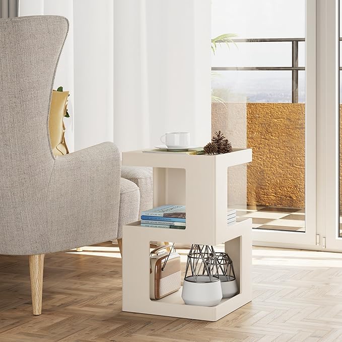 COZAYH Farmhouse Geometric Wood End Table, Distressed Accent Side Table with Two Storage Space, 3-Layer Cube Design for Bedroom, Living Room, Entryway, White