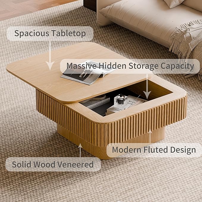 31.5'' Square Coffee Table with Storage, Mid Century Modern Fluted Drum Center Tables with Lid, Solid Wood Modern Coffee Table Accent Tea Table for Living Room, Bedroom, Apartment or Office, Natural