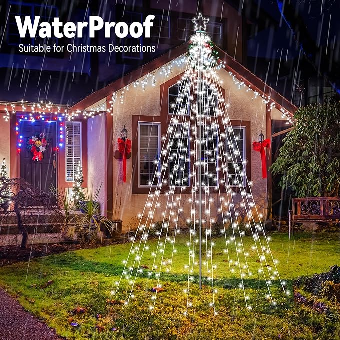 Flacchi 10 FT 404 LED Star String Lights Outdoor - Pole Set with Remote, Multiple Lighting Modes, Timer, and Waterproof Feature for Ultimate Holiday Decor (Cool White)