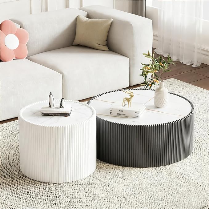 Round Living Room Table Set, 29.52" Grey Drum Center Table and 17.71" White Coffee Table Set, 2 Pieces Coffee Table Set with Sintered Stone Tabletop, Fluted PU Leather Covered and StableBase