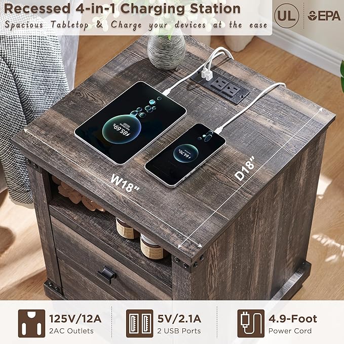 RedLemon Farmhouse Nightstand with Charging Station, 18" Rustic Night Stand with 2 Storage Drawers, Wood End Table for Bedroom, Living Room, Dark Rustic Oak Color
