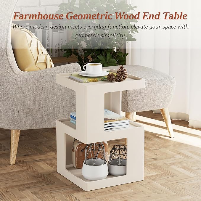 COZAYH Farmhouse Geometric Wood End Table, Distressed Accent Side Table with Two Storage Space, 3-Layer Cube Design for Bedroom, Living Room, Entryway, White