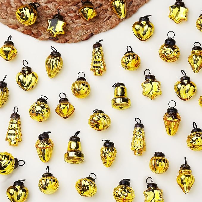 IndianShelf 200 Pieces Gold Glass Vintage Christmas Ornaments Mini Bulk Decorative Ornaments for Halloween, Christmas Tree, New Year, Valentine Day, Holidays, Event and Wedding (25 * 8 Boxes)
