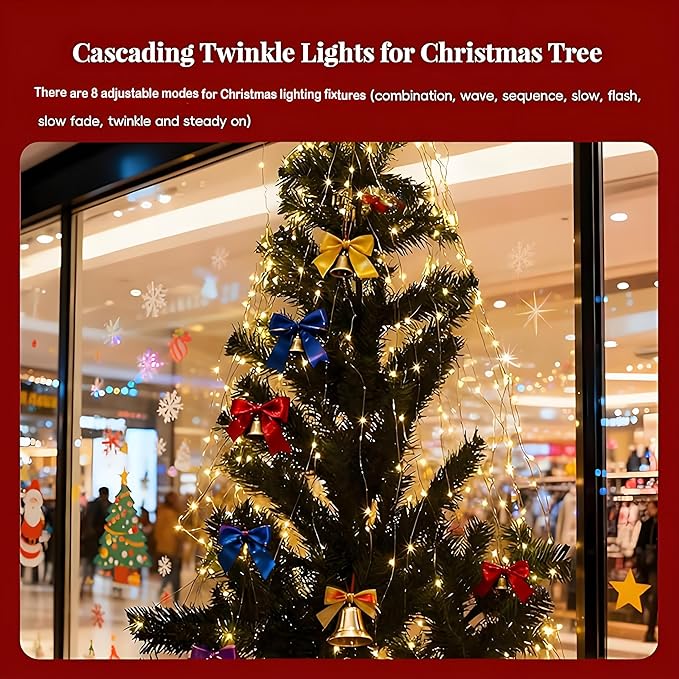 2026 Upgrade Cascading Twinkle Lights for Christmas Tree Waterfall Lights, 8 Modes 100-600 Christmas LED Firefly Twinkle String Lights Battery Powered (Warm Light,1m/3.28ft 20 Strips 200 Lights)