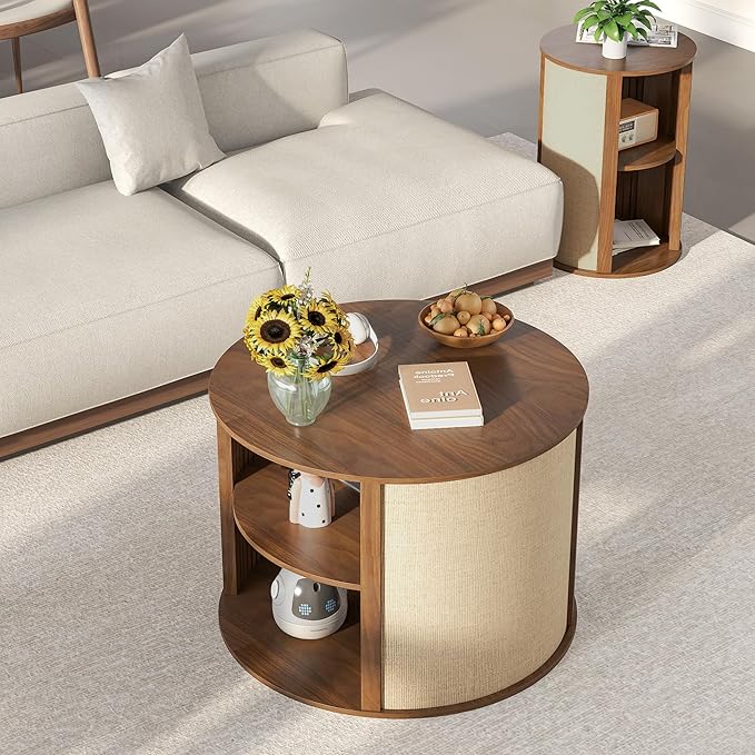 Round Coffee Table with Storage, 2-Tier Boho Mid Century Modern Wooden Center Coffee Table with Adjustable Shelf, Sackcloth Finish, Farmhouse, for Living Room, 27.5 Inches, Walnut