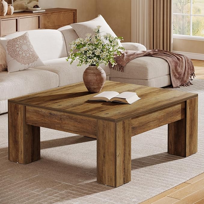 Tribesigns Square Coffee Table, 39-Inch Farmhouse Wooden Coffee Table with Sturdy Legs, Rustic Accent Center Table for Living Room, Easy Assembly, Rustic Brown