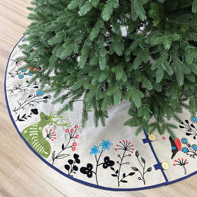 60-Inch Linen Christmas Tree Skirt, Woodland Creatures Embroidery, Thick Foam Padding, Beige with Navy Blue Trim, Oak Button Closures