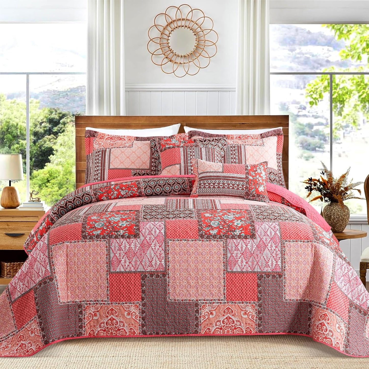 VAPUTAR Cotton King Size Quilt Bedding Sets, Pink King Bedspread Lightweight Quilted Reversible Coverlets Farmhouse 3 Pieces King Quilt Set Suitable for All Seasons Decoration