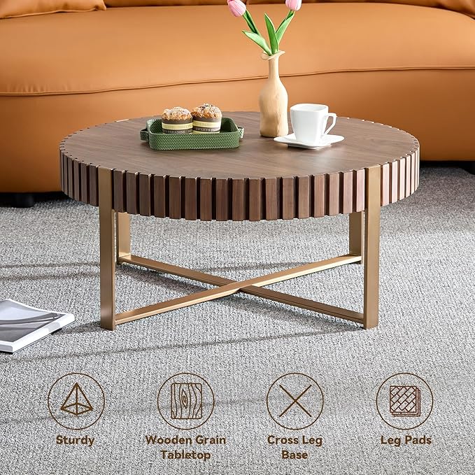 LKTART 31.5'' Round Coffee Table for Living Room, Solid Wood Handcraft Drum Coffee Table, Wooden Felief Coffee Table, Stainless Steel Legs Sturdy Pedestal Tea Table, Apartment Small Space,Walnut