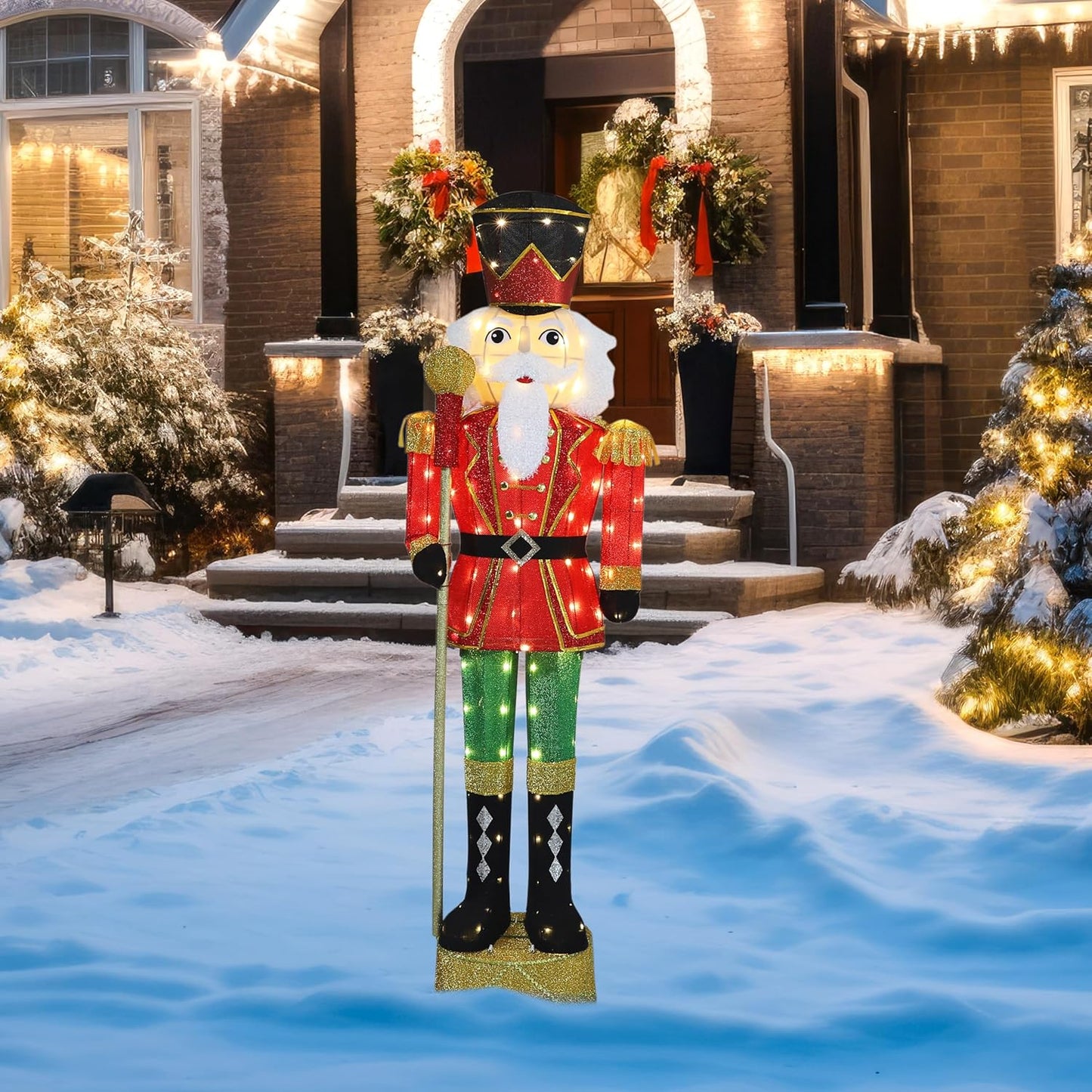 5.9FT Lighted Nutcracker with Mace for Christmas Decoration, 3D Pre-Lit Iridescent Soldier Xmas Decor with 100 Warm White Lights, Glittered Standing Holiday Display for Outdoor, Indoor